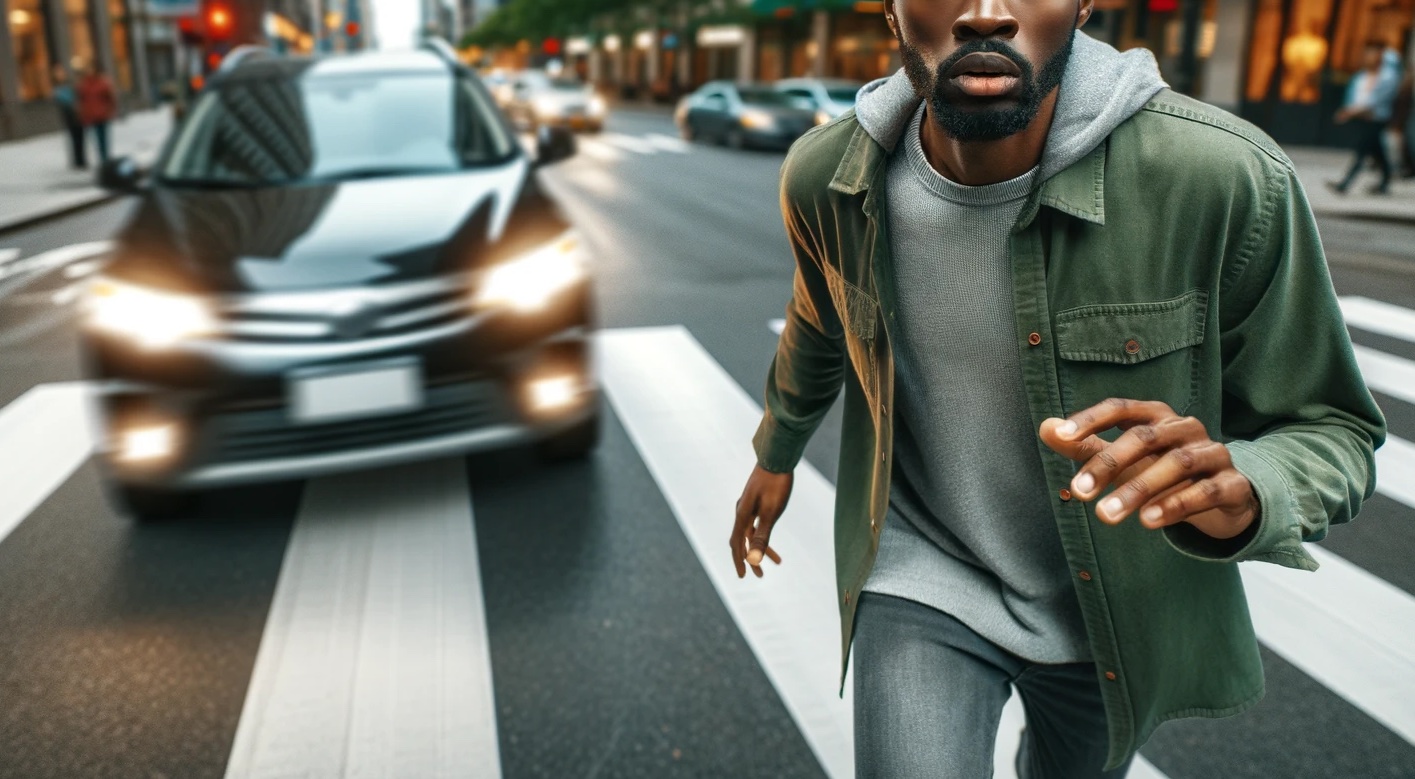 a man about to be hit by a car, he might need a las vegas pedestrian accident lawyer soon