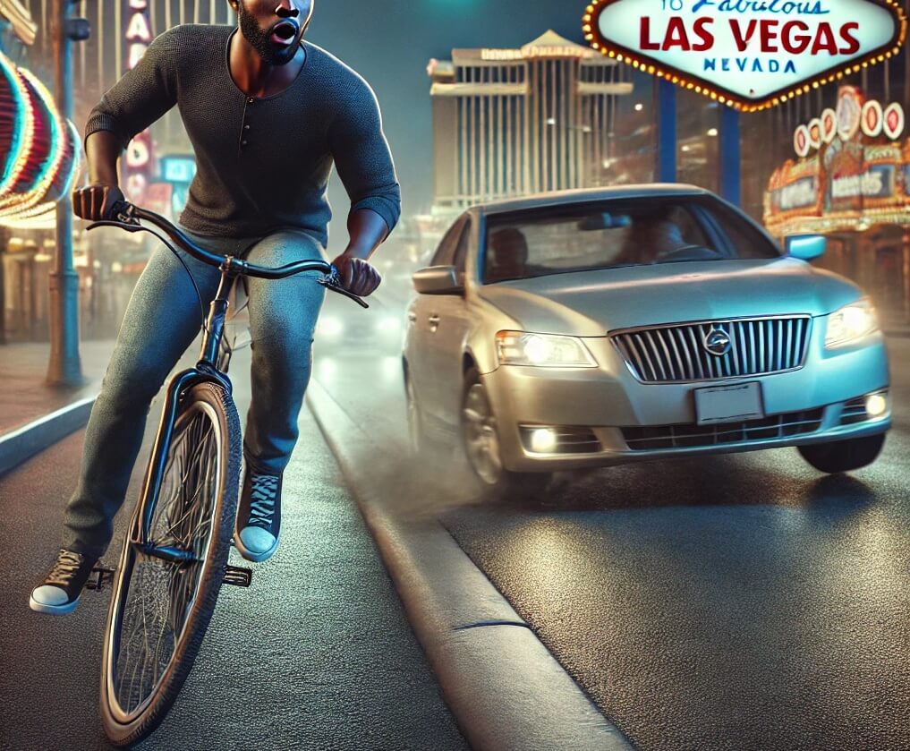 A man on a bicycle about to be hit by a car in Vegas, if he gets hit he will possibly need a Las Vegas bicycle accident lawyer soon