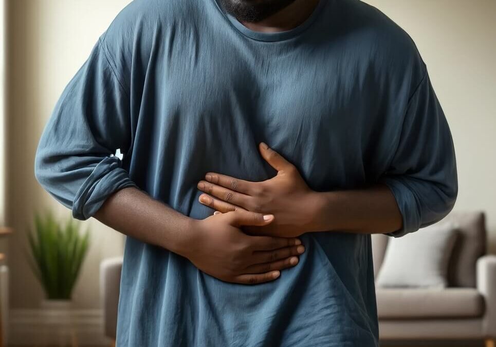 a man holding his stomach in pain, it could be alleged wegovy stomach paralysis